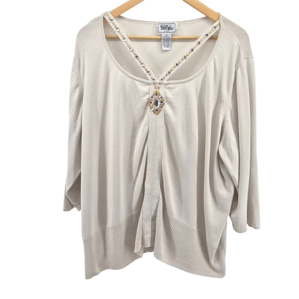 Bob Mackie Studio Womens Beige Embellished Silk Blend Sweater Plus Size 3X Bling